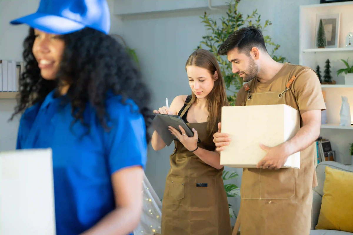 Professional team in uniforms working together, with organized tools and labeled materials, clean and systematic environment.